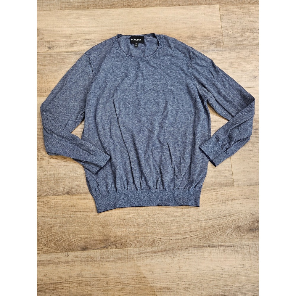 Bonobos Mens L Slim Blue Striped Cotton Crewneck Lightweight Pullover Sweater